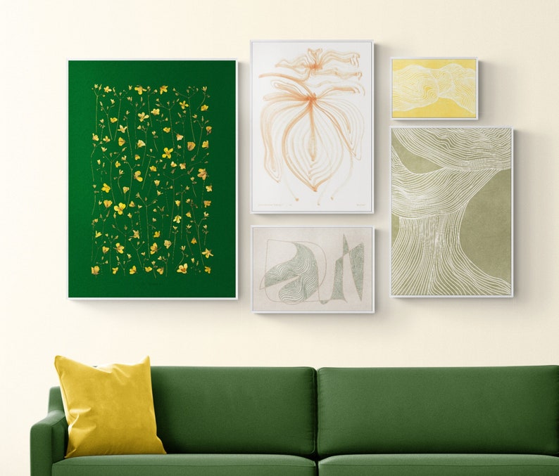 Set of 5 prints Gallery wall Beige and green Abstract line poster Printable wall art Pressed flowers Modern decoration Room decor aesthetic zdjęcie 1