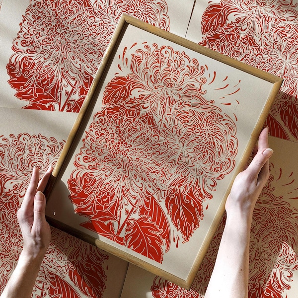 Red Japanese Chrysanthemum Flower Linocut Print Original Artwork Botanical Wall Art Bedroom Harvest Home Decor Thanksgiving Neighbor Gift