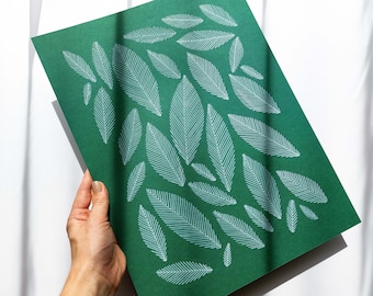 Original line drawing Trendy emerald green abstract leaves wall art 12x16 Geometric minimalist modern artwork for Bedroom Nature lover gift