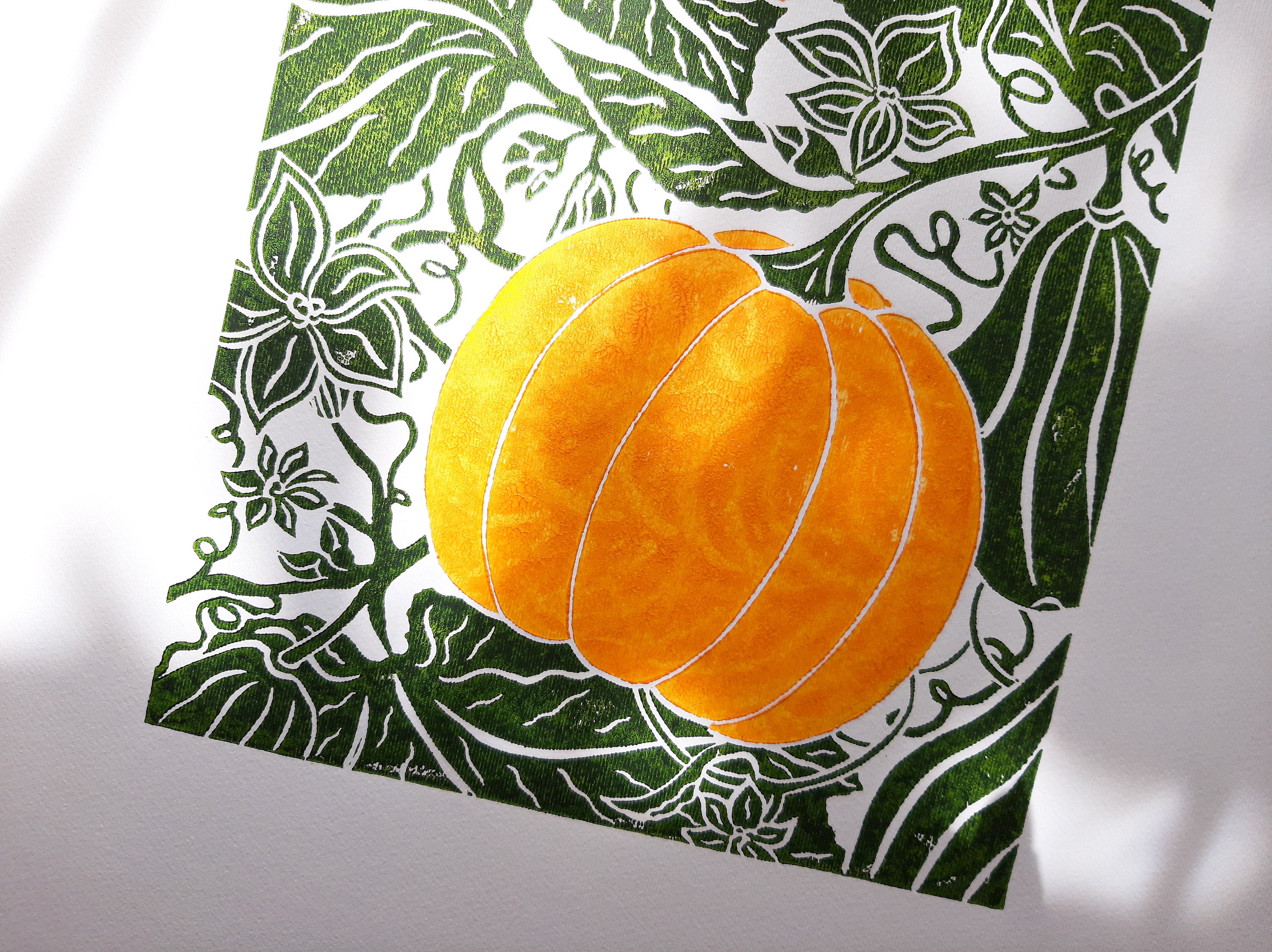 Original linocut print Pumpkin art Botanical kitchen wall | Etsy