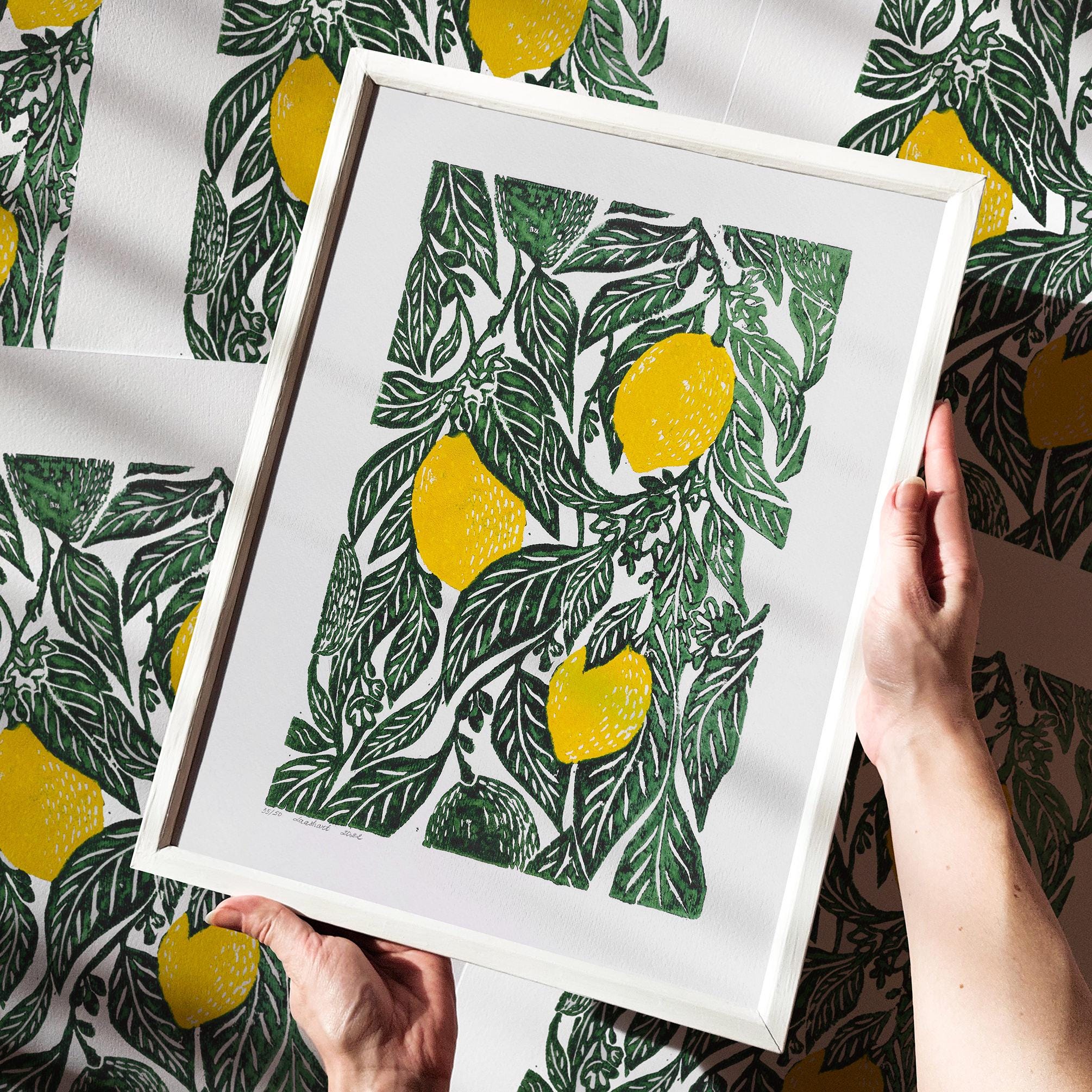 Lemon Linocut Print Botanical Original Artwork Modern Kitchen Dining Room Wall Art Citrus Decor Hostess Summer Handprinted Thanksgiving Gift