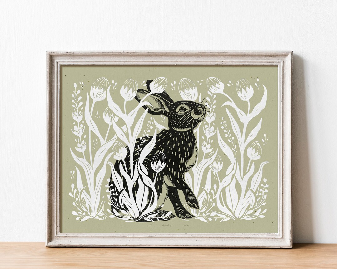 Green Rabbit With Wildflower and Plant Printable Linocut Prints Wall ...