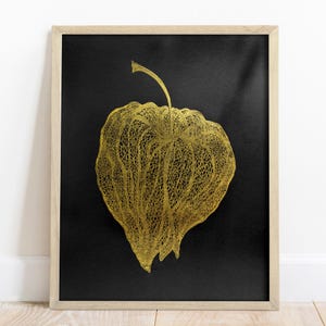 Stampa linoleografica di Physalis in oro nero, decorazione minimalista per soggiorno e camera da letto, linoleografia originale, grande linoleografia, auto-regalo