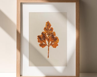 Monotipo en relieve, ocre, hoja abstracta, impresión monotipo, naturaleza minimalista, obra de arte original, decoración de pared para mesa de comedor, regalo para mamá y su pequeño tesoro