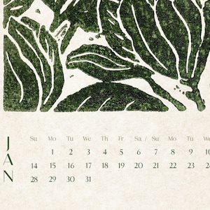 Vintage botanical printable calendar 2024 Green flowers 11x17in linocut prints illustrated for Modern bedroom wall decor INSTANT DOWNLOAD image 5