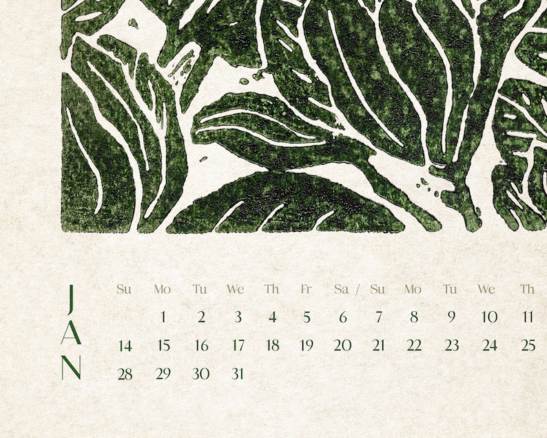 Vintage botanical printable calendar 2024 Green flowers 11x17in linocut prints illustrated for Modern bedroom wall decor INSTANT DOWNLOAD image 5