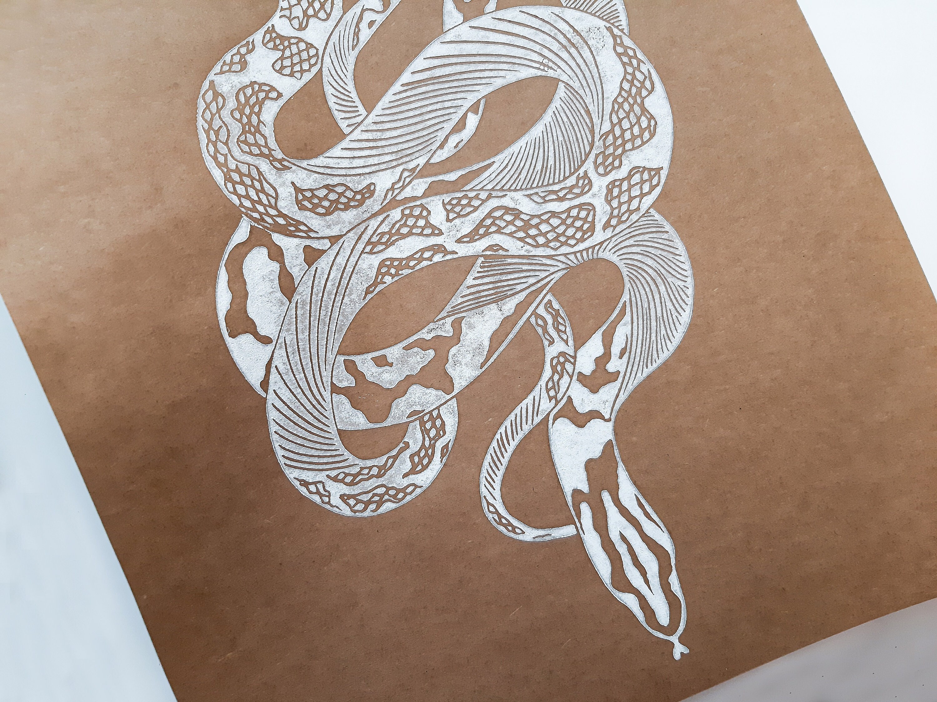 Boho black and white antique Original linocut snake art print Etsy