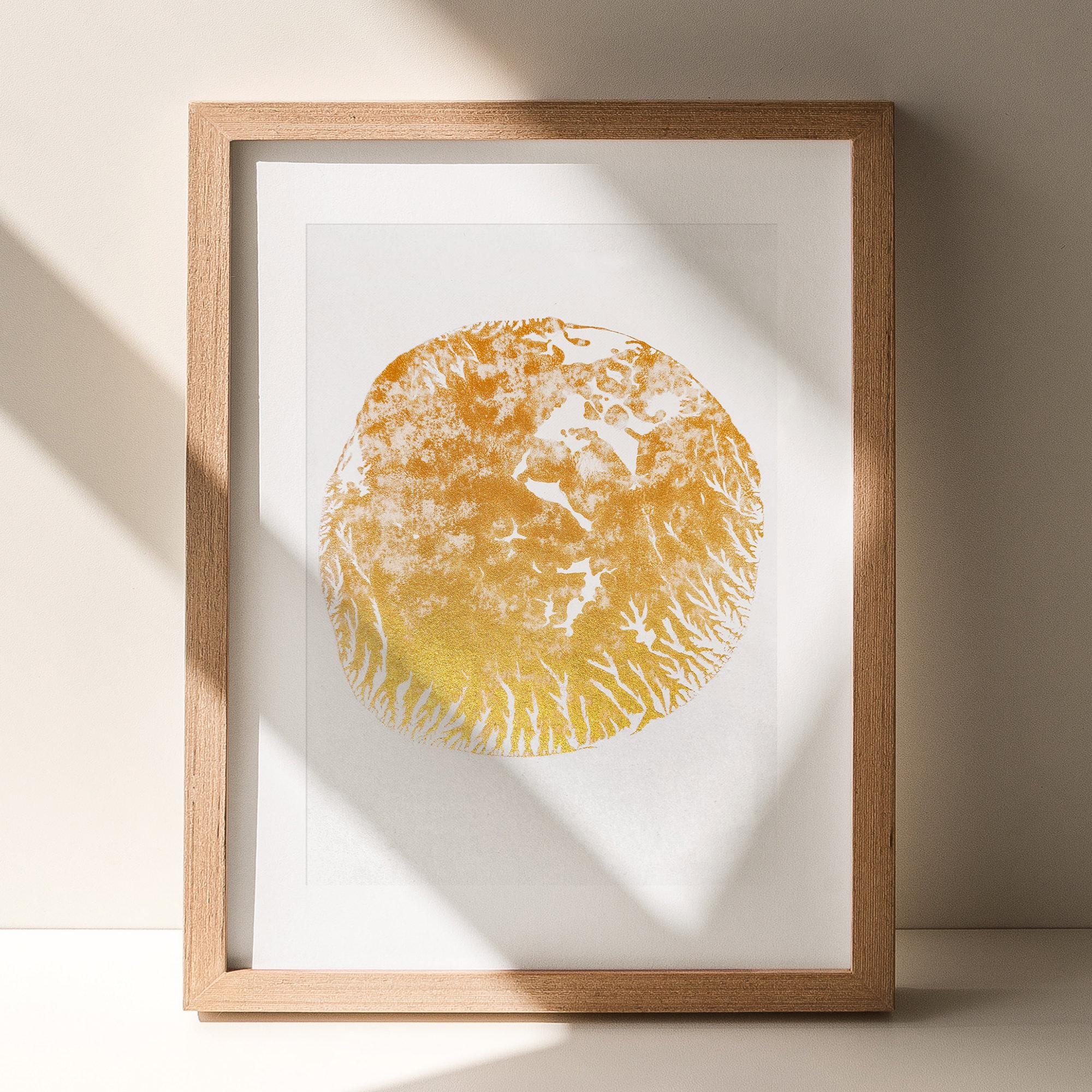 Abstract Golden Sun Symbol Monotype Print Minimalist Contemporary Modern Wabi Sabi Artwork Living Room Statement Wall Art New Home Self Gift