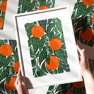 Original Linocut Print Oranges Artwork Botanical Kitchen Wall Art Relief Printmaking Bedroom Thanksgiving Decor New Home Gift Hostess Fall