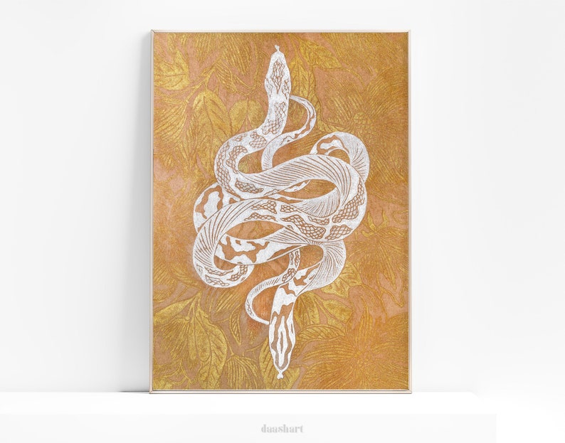 Printable linocut print White floral snake with gold magnolia flower Botanical autumn wall art poster Nature lover gift INSTANT DOWNLOAD image 1