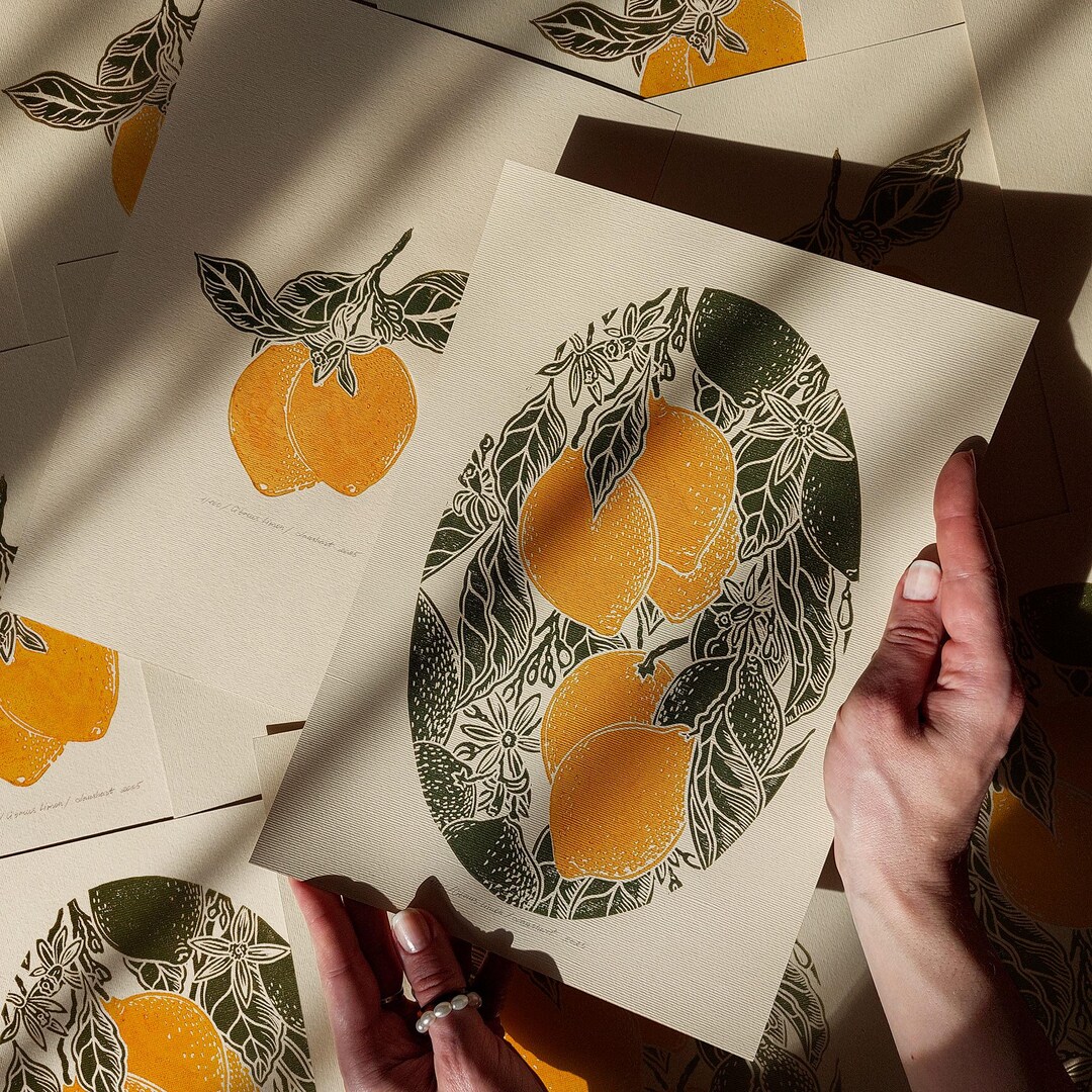 Linocut Shell Fruit Vintage Fruits Linocut Gallery Wall Set of 2 Lemon Linocut Print Citrus ...