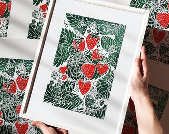 Linocut Print Strawberry Green Red Berries Original Artwork Kitchen Living Room Decor One of a Kind Botanical Linogravure Gift For New Home