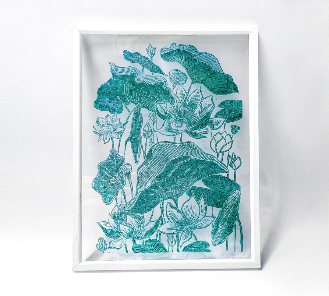 Linocut Print Lotus Flower Wall Art Print Plexiglass Printmaking Art