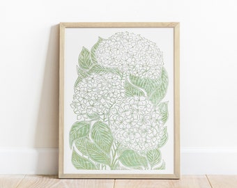 Impression d'hortensia vert 12 x 16 Art floral, cadeau de pendaison de crémaillère, impression linogravure, décoration murale botanique, oeuvre d'art originale