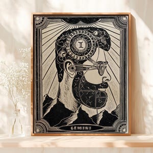 Stampa linoleografica personalizzata del segno zodiacale di metà secolo, ritratto maschile, opera d'arte originale, grande decorazione da parete, idee regalo uniche per lui