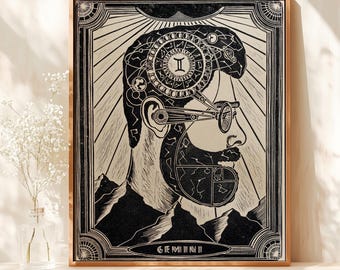 Mid Century Modern Personalized Zodiac Sign Linocut Print Male Portrait Original Artwork Wall Art Decor Christmas Unique Gift Ideas For Him