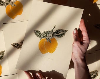 Vintage Fruits Linocut Print Lemons Retro Kitchen Decor Rustic Wall Art Farmhouse Handprint Artwork Minimalist Citrus Botanical Easter Gift