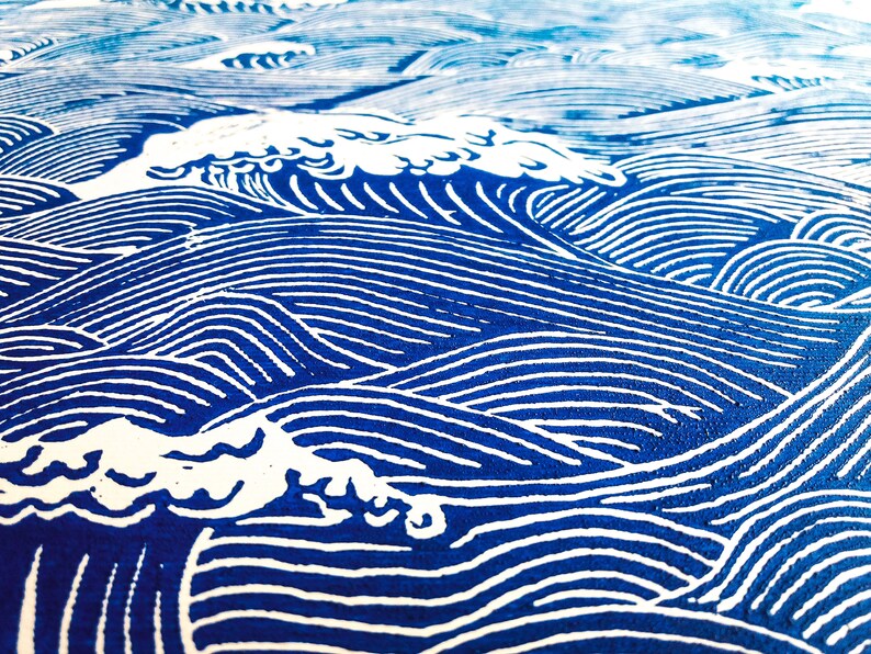 Original linocut print Blue wave art Nautical wall decor Etsy