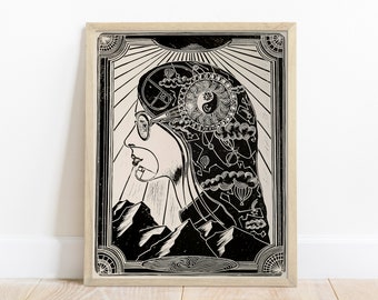 Linocut print Female portrait with constellations Solar system Moon phases map Yin yang art Original artwork for Bedroom wall decor
