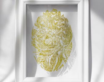 Meadowland Green Peony Flowers Linocut Print Plexiglass Floral Botanical Original Artwork Farm Dining Wall Art Decor Self Sister Gift Ideas
