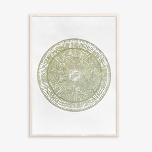 Grande stampa linoleografica cachi, motivo geometrico boho eclettico con cerchi afroamericani, opera d'arte originale per l'arredamento del soggiorno e della camera da letto.