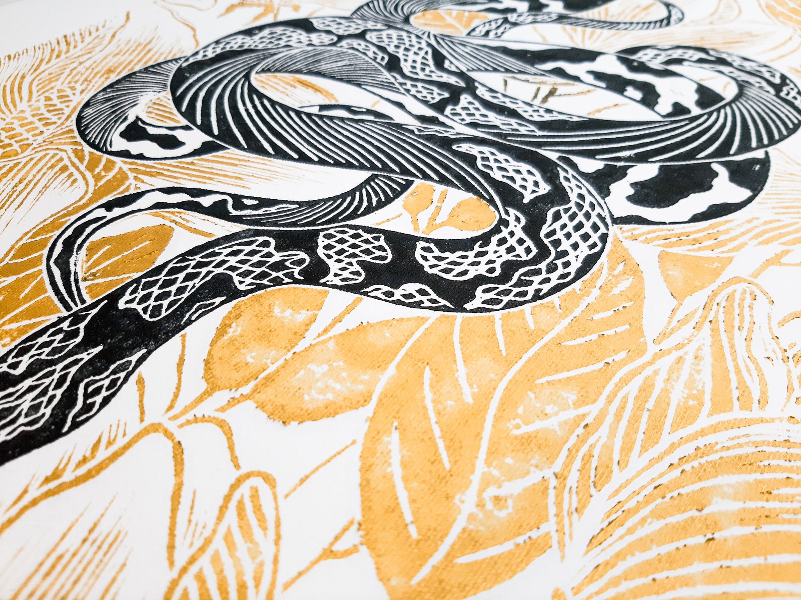 Black and gold floral snake Original linocut print Reptile Etsy