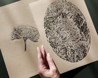 Vintage Anatomy Chrysanthemum Flowers Linocut Print Gallery Wall Set of 2 Cottagecore Floral Original Artwork Kitchen Art Decor Mother Gift
