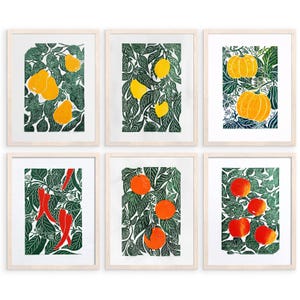 Galleria Parete Set di 6 Stampe Linoleografiche Frutta Verdura Arte Peperoncino Zucca Mele Pere Arance Limoni Opera d'Arte Fatta a Mano Cucina Moderna