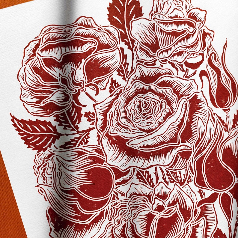Linocut Print Burgundy Roses Flowers Fall Botanical Wall Art Original ...
