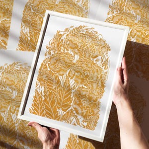 Impressão em linóleo de papoulas ocre, arte original de parede com flores, gravura em relevo, arte Cottagecore, decoração de quarto e natureza, presente de agradecimento para mãe