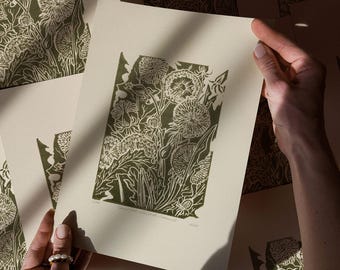 Ört Botanisk Maskrosblommor Linoleumsnitt Salviagrön Retro Cottagecore Originalkonstverk Kökshall Väggkonst Dekor Mormorspresent