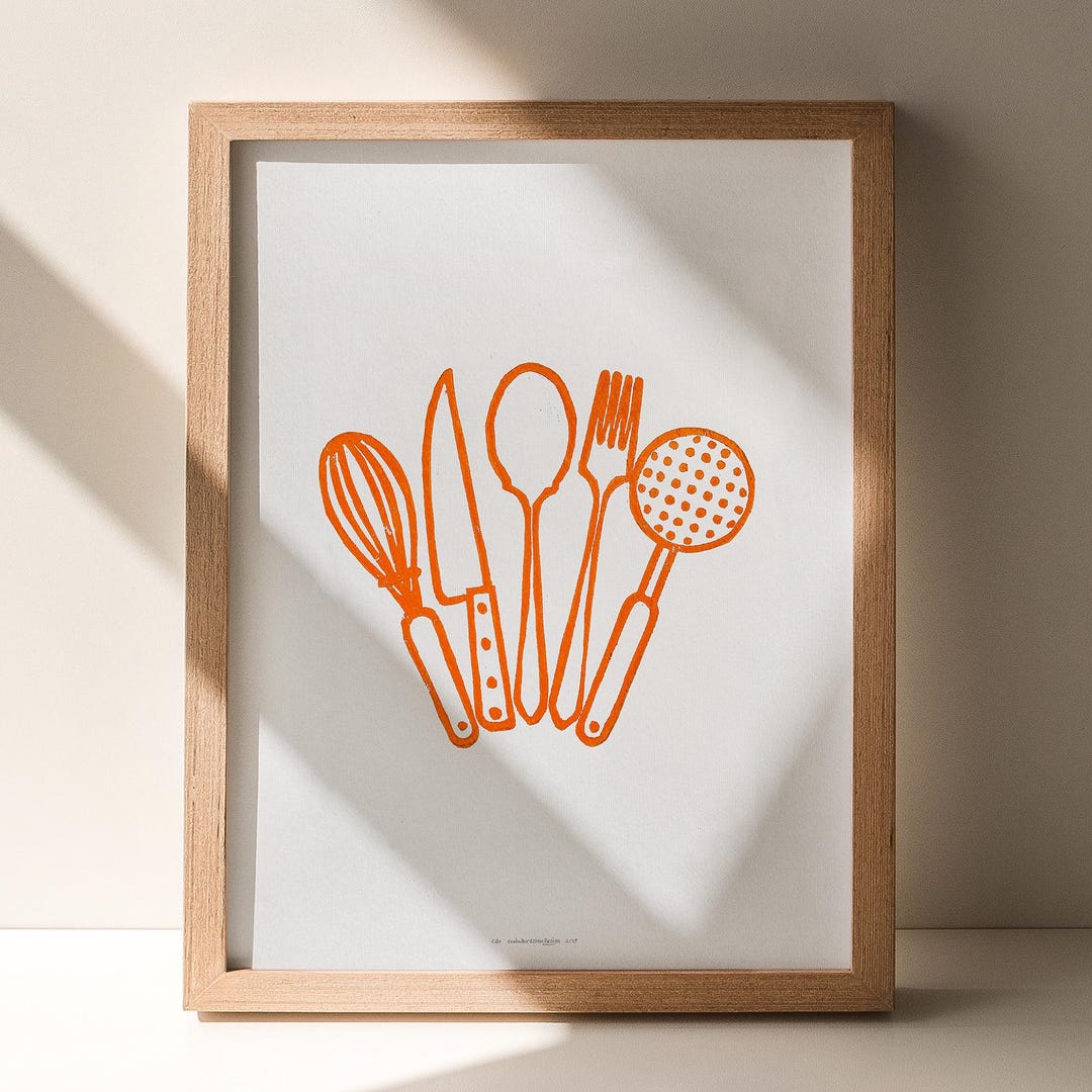 Minimalist Orange Kitchen Cooking Utensils Linocut Print Cutlery Wall ...