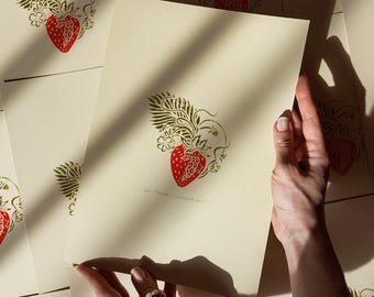 Vintage Strawberry Linocut Print Kitchen Wall Decor Botanical Original Artwork Cottagecore Lino Dining Room Art Farmhouse Gift Linogravure