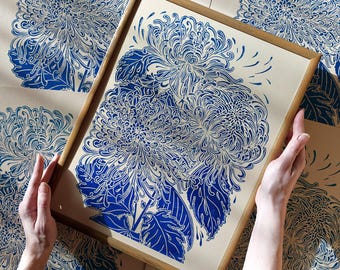 Blue Japanese Chrysanthemum Flower Linocut Print Printmaking Floral Bedroom Wall Art Decor Botanical Christmas Gift Ideas Original Artwork