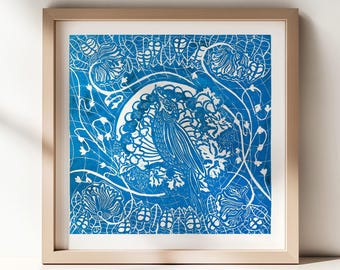 Stampa su linoleum Art Nouveau con pappagallo blu, grande opera d'arte originale, stampa per angolo lettura per bambini, decorazione murale per casa e ufficio, regalo per la mamma.