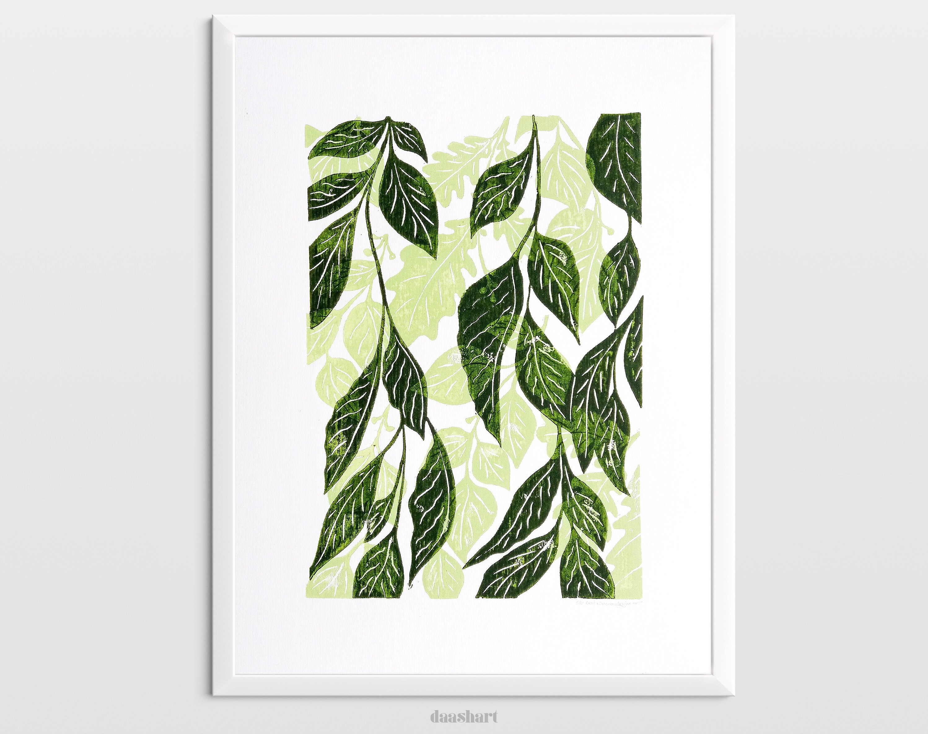 Green leaves wall art Original linocut print Botanical art Etsy
