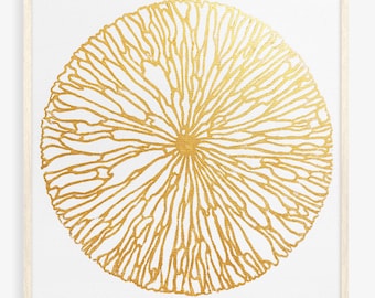 Nordic Lodge Gold Abstract Circle Flower Linocut Print Wabi Sabi Original Artwork Living Bedroom Wall Art Contemporary Decor New Home Gift