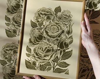 Retro Cottagecore Rose Flowers Linocut Print Sage Green Floral Original Artwork Bedroom Reading Nook Wall Art Decor Christmas Coworker Gift