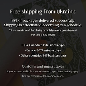 May include: Text on a dark background reads "Free shipping from Ukraine." Additional text details shipping success rates, delivery times to the USA, Canada, Europe, and other countries, and customs information.