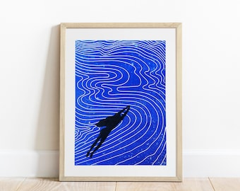 Girl swimming art Linocut print Abstract blue water Original artwork for Bedroom wall decor