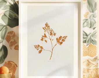 Ochre Parsley Plant Monotype Print Original Relief Handprint Artwork Farmhouse Kitchen Wall Art Decor Hostess Grandmother Gift One of a Kind