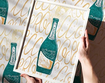 Stampa su linoleum originale con scritta "Emerald Green Gold Prosecco", decorazione per cocktail festivi, ideale per la cucina, la sala da pranzo o il bar, perfetta come regalo per la casa di riposo.