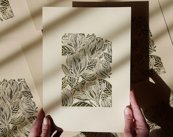 Retro Cottagecore Magnolia Flowers Linocut Print Sage Green Botanical Original Artwork Vintage Kitchen Wall Art Decor Mother Easter Gift