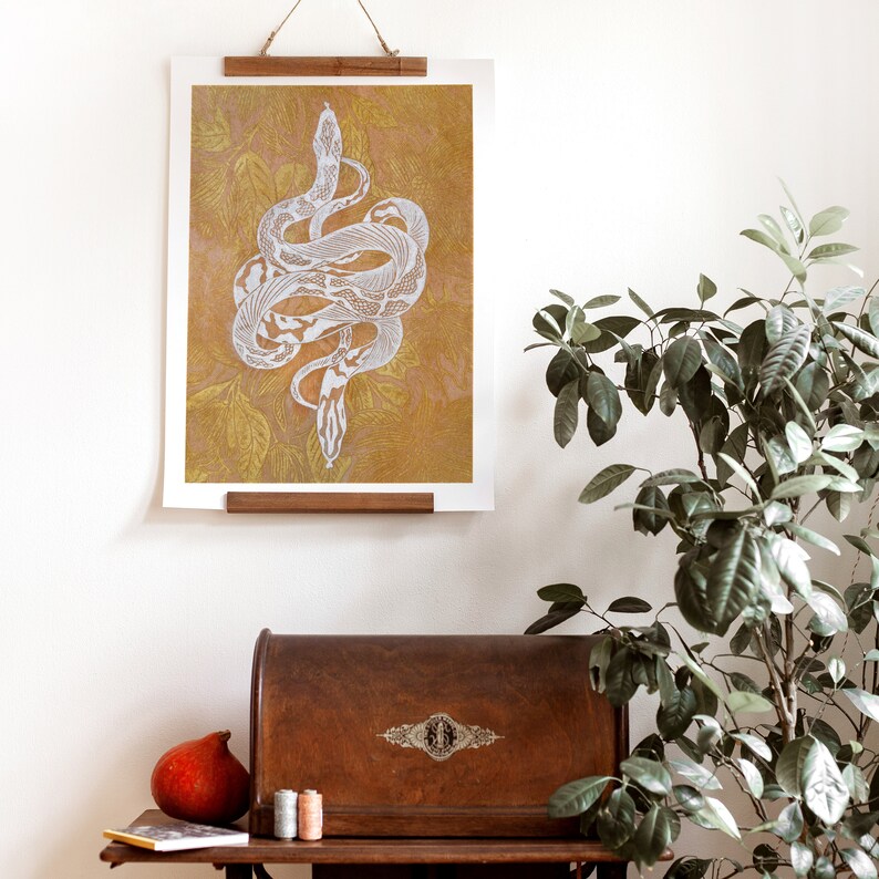Printable linocut print White floral snake with gold magnolia flower Botanical autumn wall art poster Nature lover gift INSTANT DOWNLOAD image 8