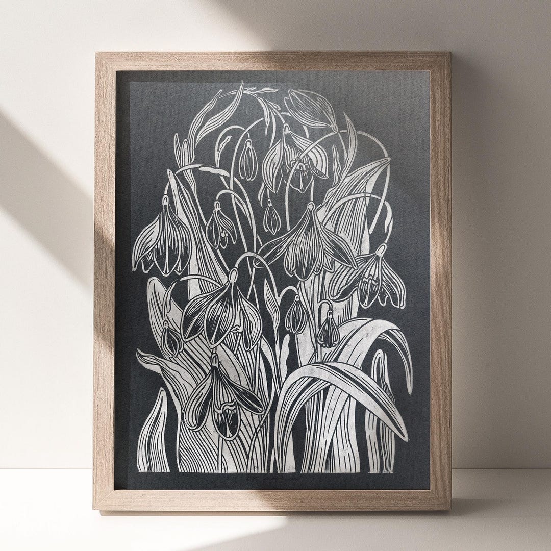 gray-snowdrop-flowers-linocut-print-floral-original-artwork-bedroom
