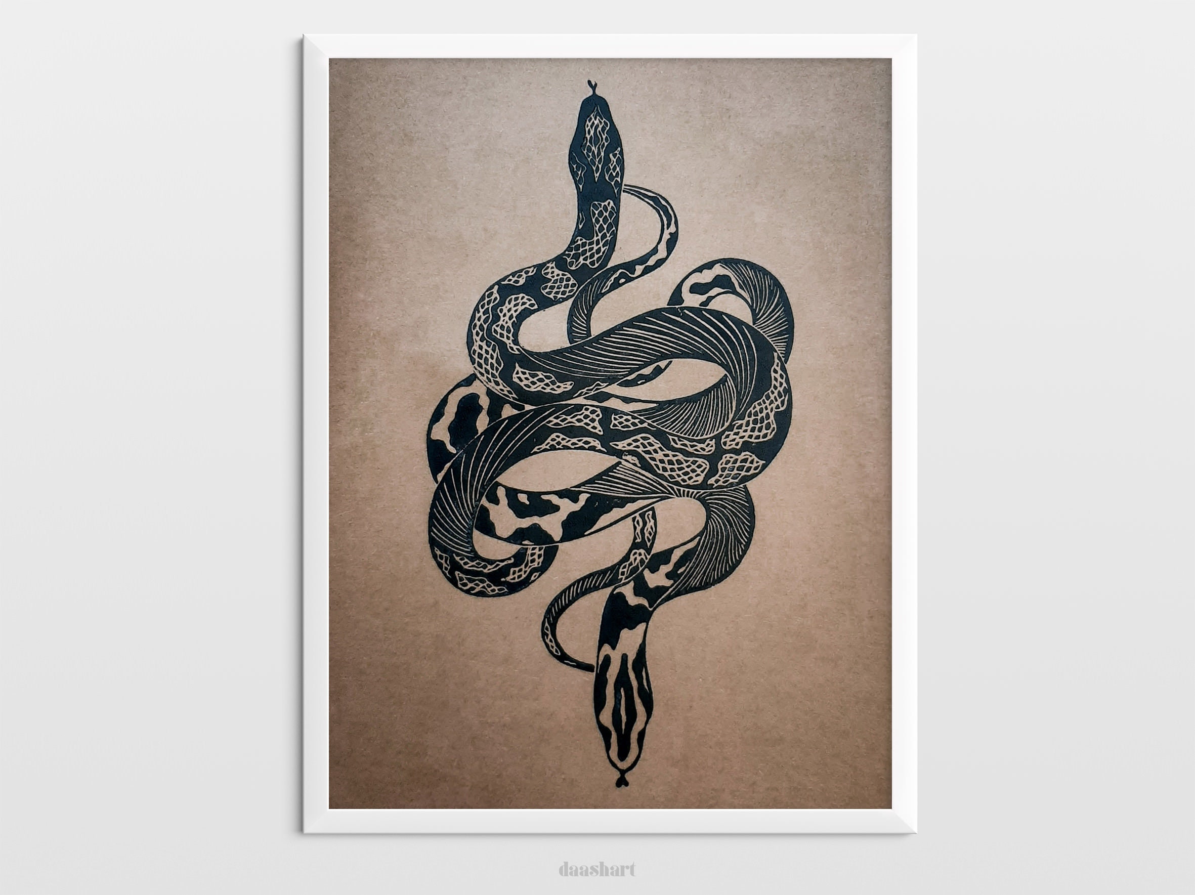 Boho black and white antique Original linocut snake art print Etsy