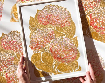 Linocut Print Watercolor Hydrangea Pink Ochre Flower Art Botanical Wall Decor Original Artwork Mother Hostess Gift English Cottage Decor