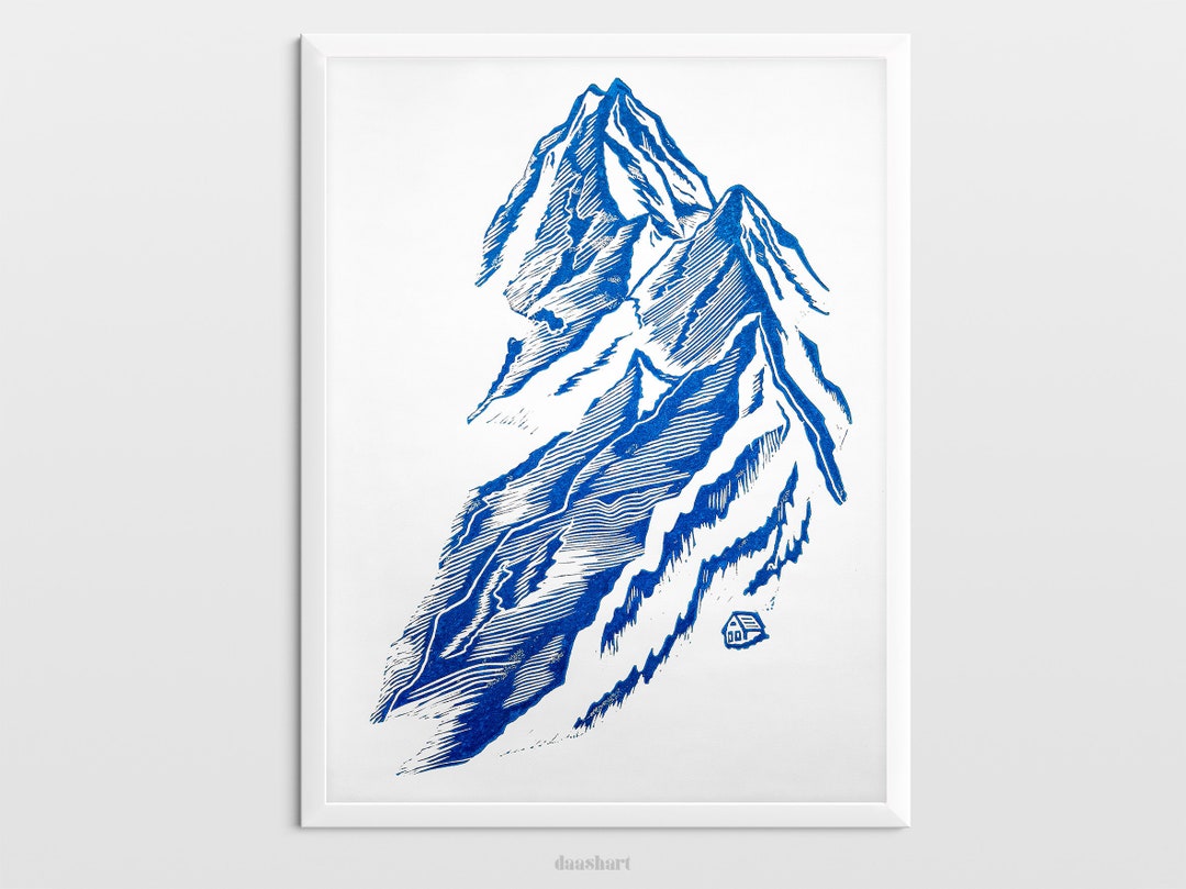 Blue Mountain Wall Art With House Linocut Print Original Etsy