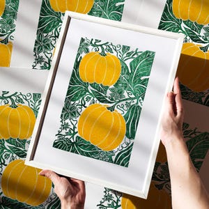 Stampa Linoleografia Cottagecore, Zucca Gialla, Opera d'Arte Originale, Stampa Botanica, Arte Murale, Linoleografia, Arredamento Cucina Moderno, Regalo per Ospite