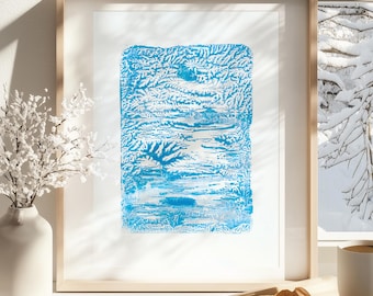 Cool Blue Winter Monotype Print Monochrome Abstract Original Handprint Artwork Living Room Wall Art Japandi Christmas Decor One of a Kind